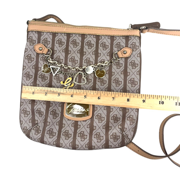 Guess Logo Print Brown Charm Crossbody Purse Vegan Coquette Bling Tan AOP Retro - Picture 9 of 12